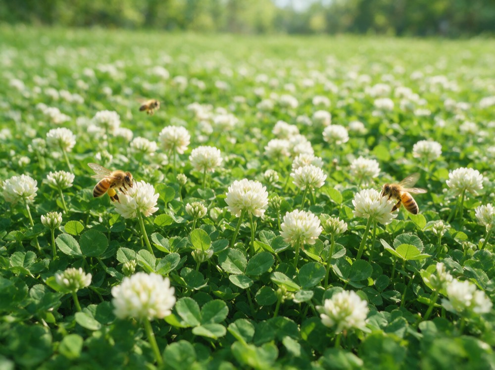 Clover lawn in flower with bees