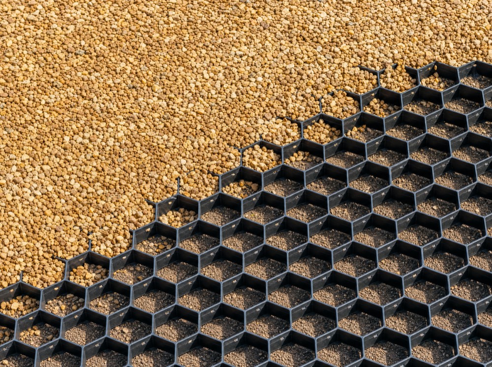 Gravel stabilisation grid filled with driveway gravel