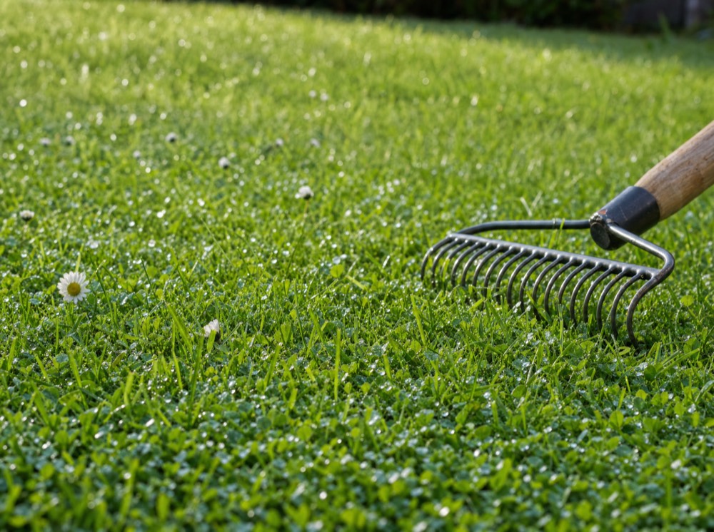 Healthy green lawn with clover and daisies