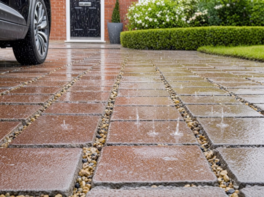 Rain soaking straight down through the wide joints of permeable block paving