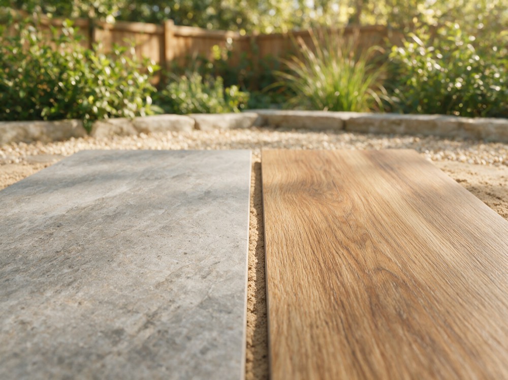 Stone-effect and wood-effect porcelain paving tiles in close-up