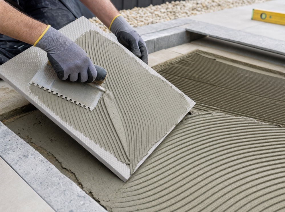 Slurry primer being painted onto the back of a porcelain slab