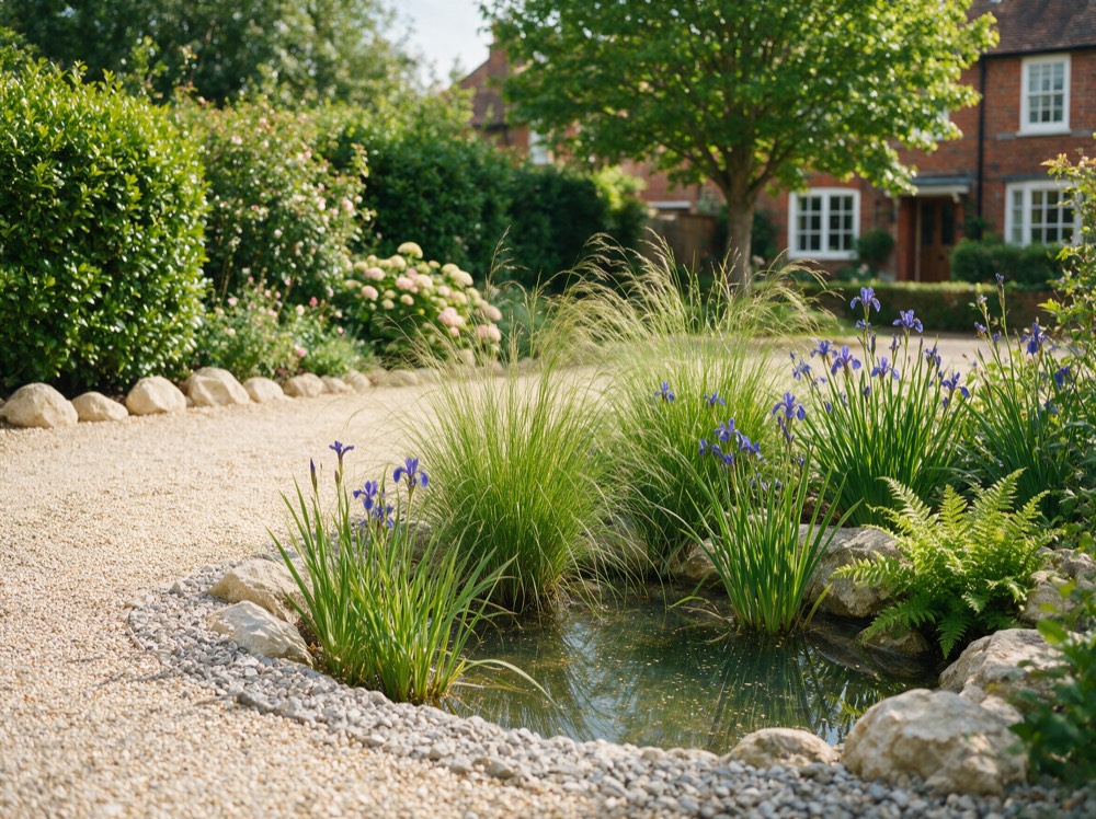 Planted rain garden beside a driveway