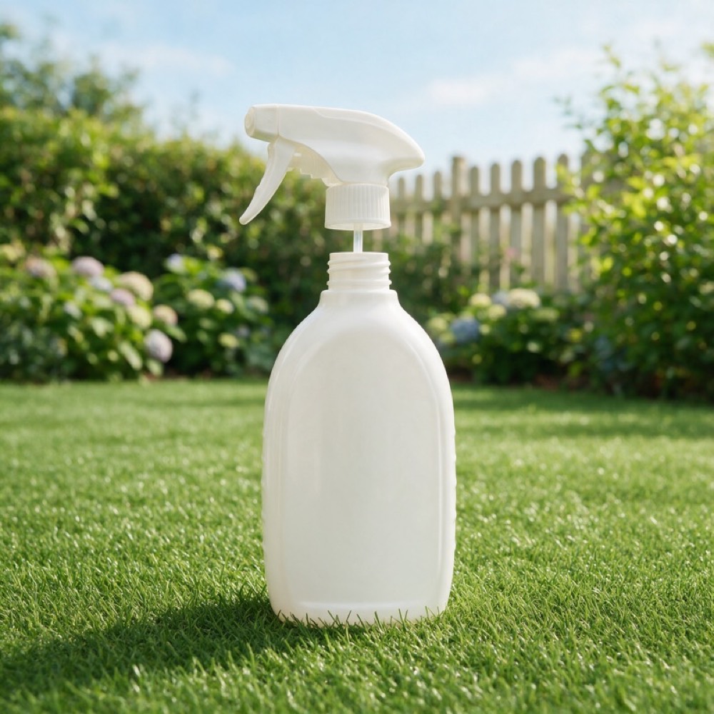 Plain spray bottle of artificial-grass cleaner on a lawn