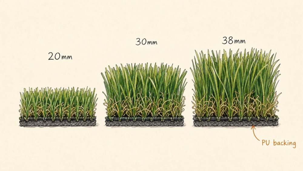 Cross-section comparison of 20mm, 30mm and 38mm artificial grass pile heights, with the PU backing labelled