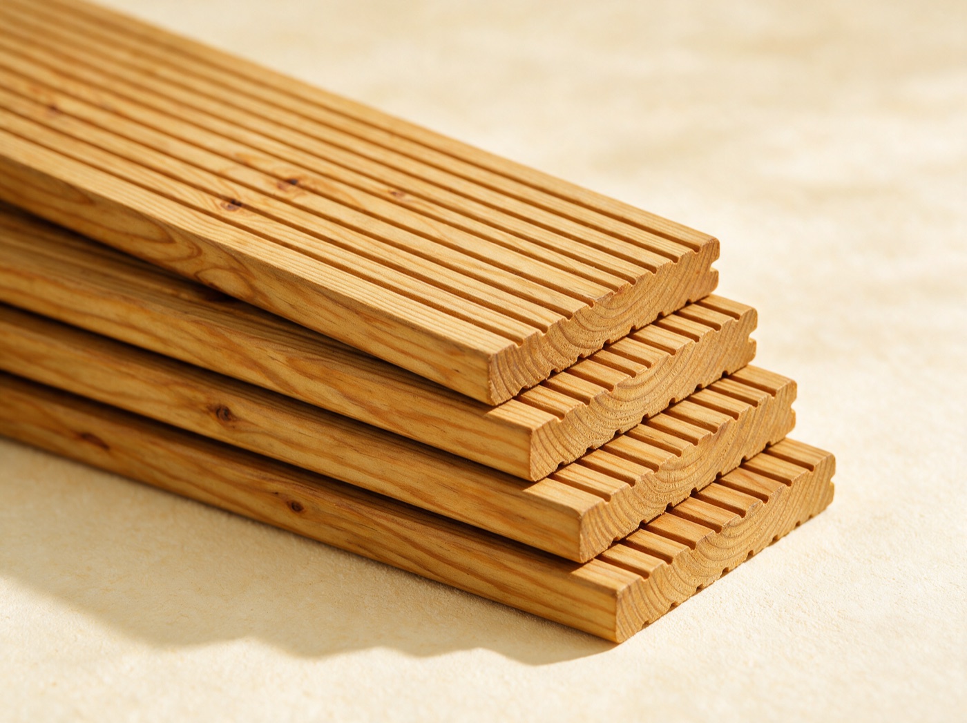 Stack of grooved pressure-treated decking boards