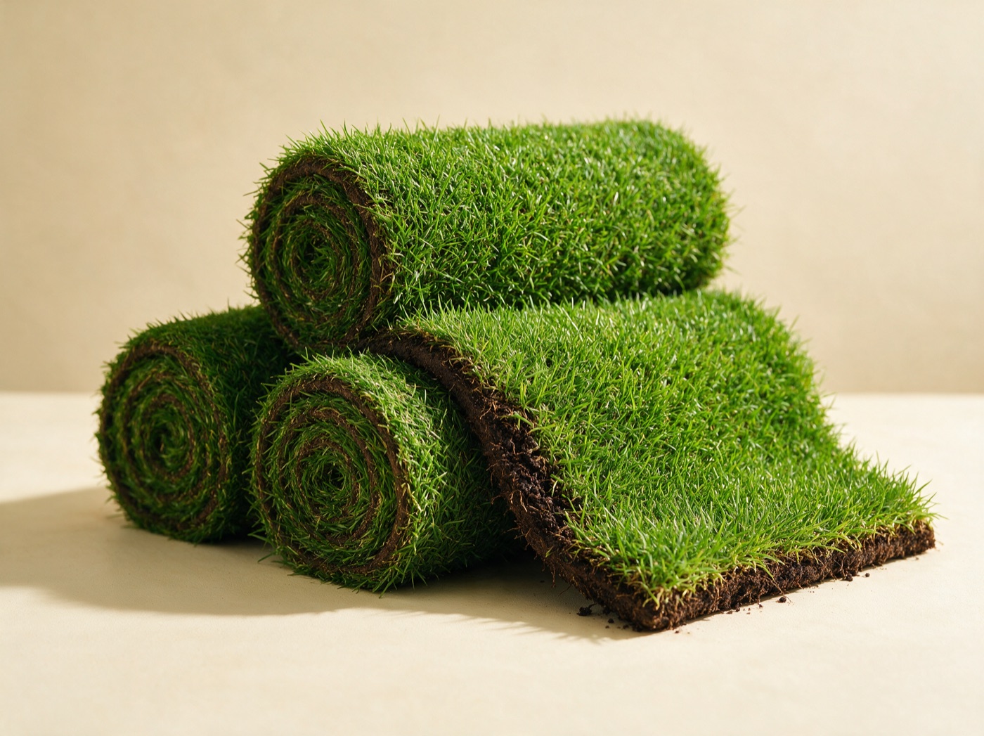 Rolls of fresh lawn turf, one partly unrolled