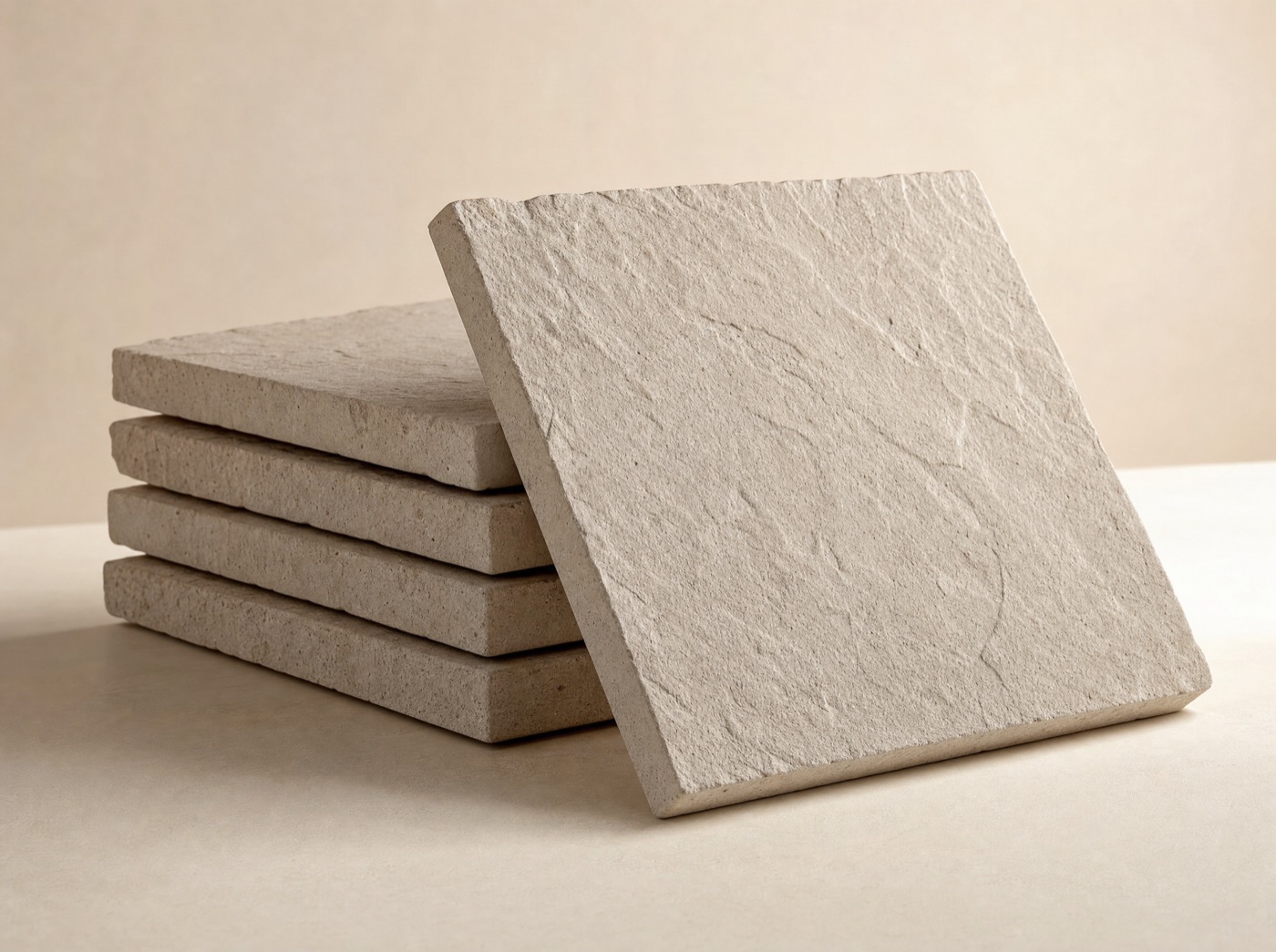Stack of riven-finish concrete paving slabs