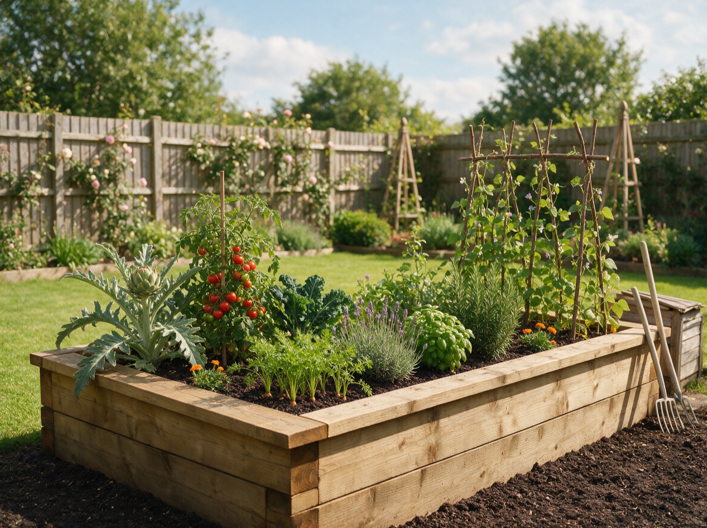 Timber raised beds full of vegetables