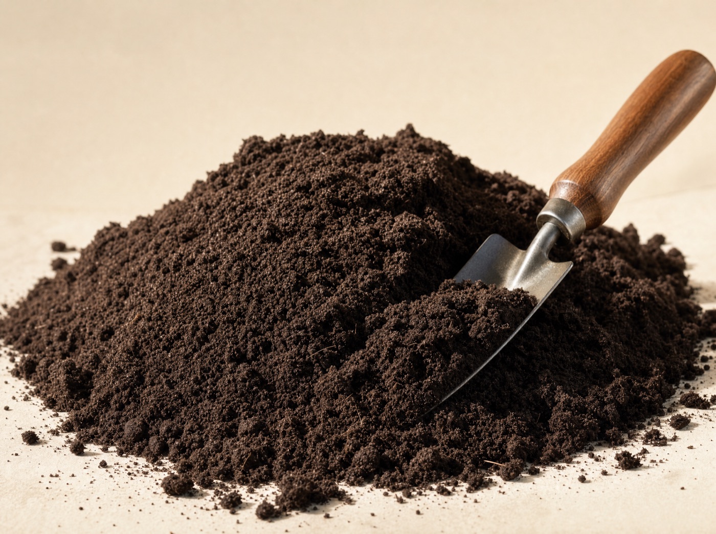 Rich dark screened topsoil with a trowel