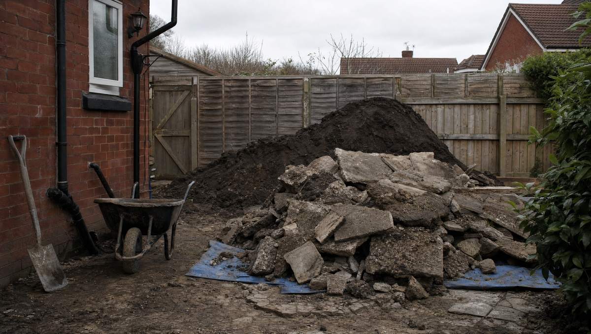 A lifted patio in a small British back garden: broken concrete slabs heaped on a tarpaulin beside a mound of excavated subsoil, with a wheelbarrow and shovel against a red-brick wall.