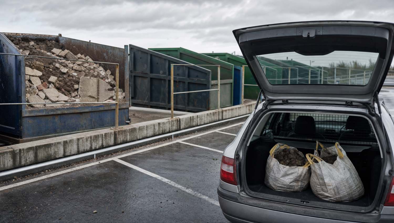 Skips of broken concrete at a British recycling centre beside a car boot holding two rubble bags.