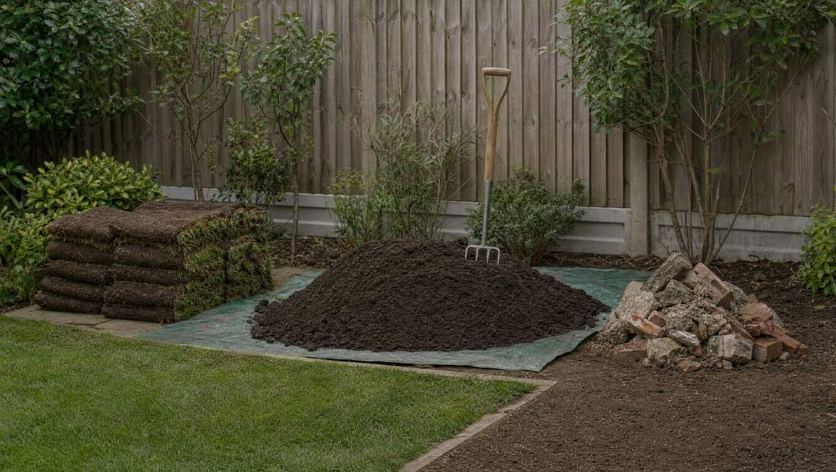 Garden materials sorted into three separate piles: stacked rolls of lifted turf, a heap of clean screened topsoil on a groundsheet, and a small pile of broken brick and concrete.