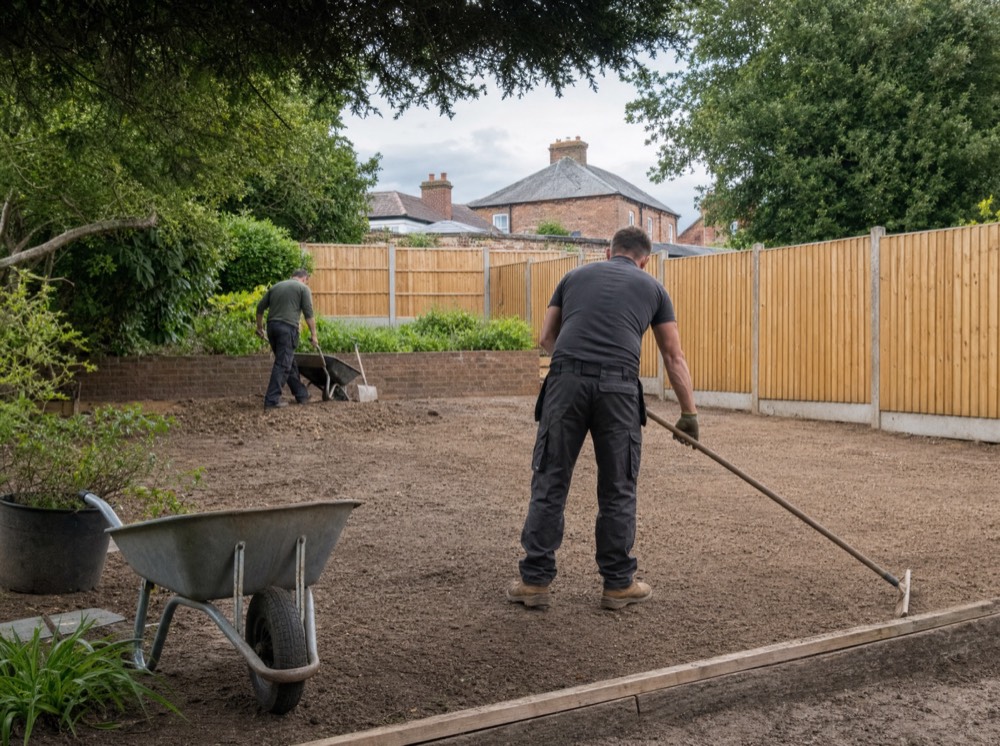 Garden tradespeople clearing and levelling a garden