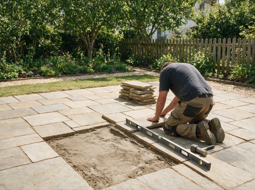 Landscaper laying paving in a garden