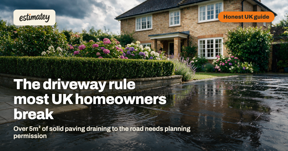 The driveway rule most UK homeowners break without knowing — the 5m² planning rule, the 2025 SuDS standards and the permeable options, from estimatey
